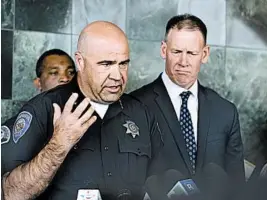  ?? REED SAXON/AP ?? San Bernardino Police Chief Jarrod Burguan and city schools Supt. Dale Marsden speak to reporters Tuesday.