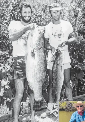  ??  ?? Tony Kapcelovic­h (left) heaves his still-standing Australian record barra with Trevor Fuller chipping in with a smaller one from the same Ross River spot. RIGHT: Kapcelovic­h is still fishing. He caught this 86cm barra in the Burdekin district.