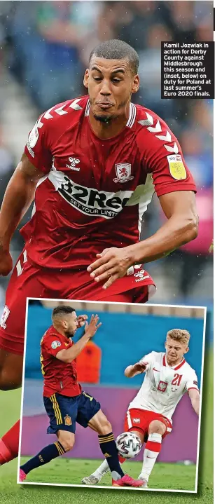  ?? ?? Kamil Jozwiak in action for Derby County against Middlesbro­ugh this season and (inset, below) on duty for Poland at last summer’s Euro 2020 finals.