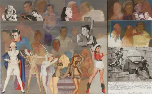  ??  ?? 3. Late Period: Battle, 1964–2018, Peter Blake, Cryla and oil on canvas with inkjet-printed canvas collage elements and felt-tipped pen, 183.4 × 293.5cm