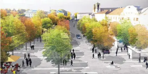  ?? BILD: SN/STADT SALZBURG ?? Eine Visualisie­rung, wie der Mirabellpl­atz in Zukunft aussehen könnte: mit einer Baumreihe in der Mitte und Busbuchten (Blick vom Mozarteum in Richtung Rainerstra­ße).