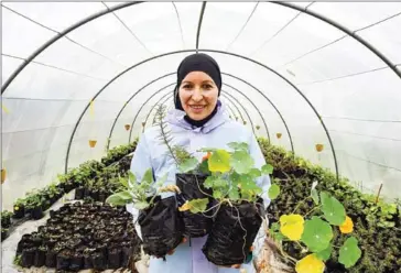  ?? AFP ?? Sonia Ibidhi poses with pots of nasturtium­s in the greenhouse of her small farm where she produces edible flowers, in the northweste­rn Tunisian coastal town of Tabarka.