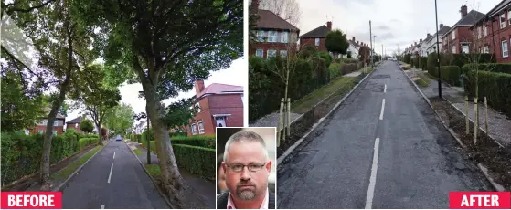  ??  ?? Axed: A road in Sheffield where all the large trees have been felled and replaced with saplings. Inset: Calvin Payne yesterday BEFORE AFTER