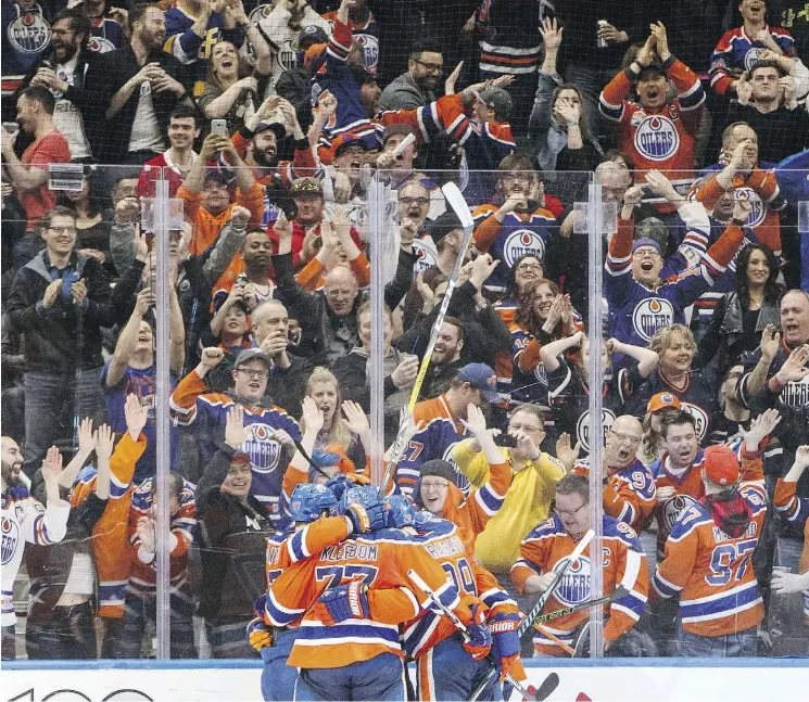  ?? JASON FRANSON/THE CANADIAN PRESS ?? Oilers fans have some postseason celebratin­g to look forward to — and they’re hoping for more scenes like this one from the Oilers-Ducks game April 1.