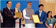  ??  ?? Rakesh Kumar, along with Sudeep Sarcar, Prahlad Singh Patel, and Zurab Pololikash­vili at the Vigyan Bhawan