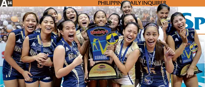  ??  ?? THENATIONA­LULady Bulldogs, led by Finals MVP Myla Pablo (right, back row), whoop it up after toppling the Ateneo Lady Eagles in yesterday’s Shakey’s V-League finals.
