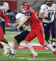  ?? (AP file photo) ?? Linebacker Justin Rice (29) started all 12 games for Fresno State last season, leading the Bulldogs with 112 tackles, before transferri­ng to Arkansas State earlier this month.