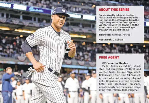  ?? BRAD PENNER/USA TODAY SPORTS ?? Injuries limited Yankees left fielder Giancarlo Stanton to 18 regular-season and five postseason games in 2019.