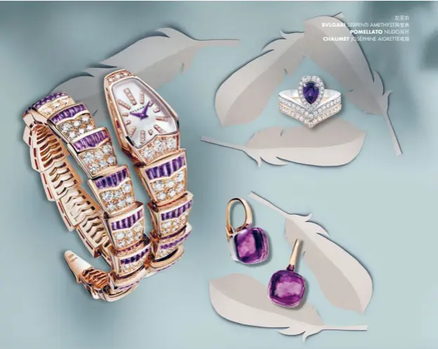  ??  ?? 左至右BVLGARI SERPENTI AMETHYST珠宝­表
POMELLATO NUDO耳环CHAU­MET JOSÉPHINE AIGRETTE戒指