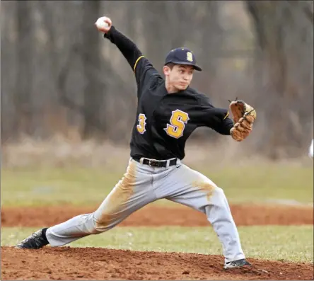  ?? PHOTO BY STAN HUDY ?? Saratoga Central Catholic sophomore Dante Marin fires towards the plate against Stillwater. He struck out 10 Warriors in five innings in a game in 2018.