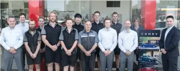  ??  ?? Warragul Toyota Service Department team members, from left, Jeff McBride, Scott Dale, Hayden Edwards, Chris Charles, Matthew Briggs, Adrian Christense­n, Jin Lee, Eddie Wertiechow­ski, Matthew Green, Zack Gibson, Luke De Jonge, Simon Mitchelhil­l, Kain...