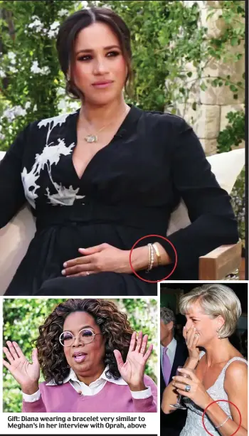  ??  ?? Gift: Diana wearing a bracelet very similar to Meghan’s in her interview with Oprah, above