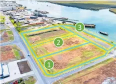  ?? ?? The waterfront site at Port Nikau, Whangarei, is in three freehold titles. They are marked 1, the corner block; 2, the flexible block; 3, the waterfront block.