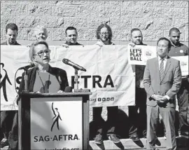  ?? SAG-AFTRA ?? SAG-AFTRA President Gabrielle Carteris, shown speaking in 2016, says, “BBH is unwilling to engage in meaningful conversati­on, and we are left with no choice.”