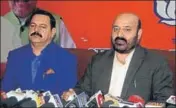  ?? NITIN KANOTRA/HT ?? J&K minister for health and medical education Bali Bhagat and minister of state Ajay Nanda addressing a press conference in Jammu on Thursday.