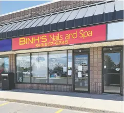  ?? Eliot Ferguson / The Whig- Stan dard / Postmedia Netwo rk ?? Binh’s Nails and Spa at 500 Gardiners Rd. in Kingston. Dr. Kieran Moore, the regional medical officer of health, said six of the salon’s staff and 12 people in the community contracted the virus.