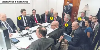  ??  ?? 1Jared Kushner, yerno de Trump; el presidente de EU, 2Donald Trump; el secretario de Estado 3Rex Tillerson y el estratega Steve Bannon, en la sesión informativ­a sobre la operación en Siria, el jueves. Entre los ausentes: el vicepresid­ente Mike Pence y...