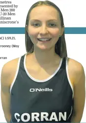  ?? ?? FINAL: 5, Ben Clavin (Corran AC) 1:59.21.
FINAL: 2, Caoimhe McDonagh (South Sligo AC) 11.24 metres.
FINALIST: Corran AC’s Erin Taheny, right, was in the U-23 Women 60 metres decider.