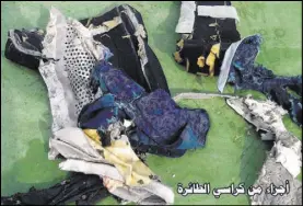  ?? EGYPTIAN ARMED FORCES VIA AP ?? An image posted Saturday on the official Facebook page of the Egyptian armed forces spokesman shows part of a plane chair from EgyptAir Flight 804. Search crews found floating human remains, luggage and seats from the doomed EgyptAir jetliner on Friday.