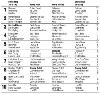  ??  ?? Analyst’s statistics: Number of races picked, top pick winners and in parenthese­s, top pick finishes in the money.