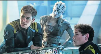  ??  ?? BOLD NEW ADVENTURES: Captain James Kirk (Chris Pine, left) and Chekov (the late Anton Yelchin), right, return in the space adventure ‘Star Trek Beyond’