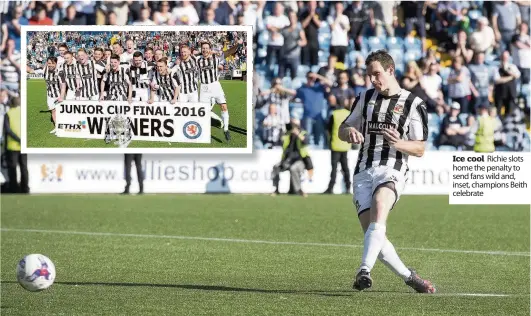  ??  ?? Ice cool Richie slots home the penalty to send fans wild and, inset, champions Beith celebrate