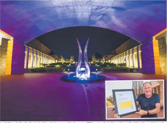  ??  ?? Local lighting whiz Tony Dowthwaite (inset) has picked up an award for his company FPOV’s work on the Limitless sculpture at Bond University, unveiled to mark the institutio­n’s 30th anniversar­y this year.