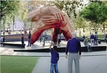  ?? HANK WILLIS THOMAS/MASS DESIGN GROUP VIA AP ?? An artist’s rendering illustrate­s a proposed monument entitled “The Embrace,” consisting of four 22-foot-high intertwine­d bronze arms, to be installed on Boston Common.