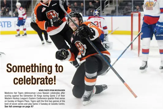  ?? NEWS PHOTO RYAN MCCRACKEN ?? Medicine Hat Tigers defenceman Linus Nassen celebrates after scoring against the Edmonton Oil Kings during Game 2 of their Western Hockey League’s Eastern Conference quarter-final series on Sunday at Rogers Place. Tigers split the first two games of the best-of-seven series and play Game 3 Tuesday at Canalta Centre.