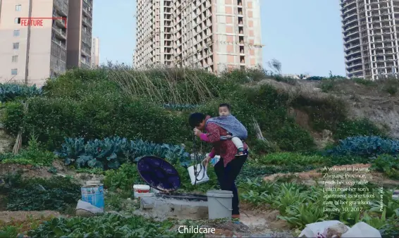  ??  ?? A woman in Jiaxing, Zhejiang Province, tends her vegetable patch near her son’s apartment as she takes care of her grandson, January 10, 2017