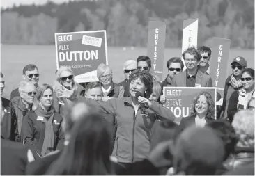  ??  ?? B.C. Liberal Leader Christy Clark speaks to candidates and supporters at the Elk Lake boathouse in Saanich, shortly after the election was called. Despite creating an Island-focused platform, the party did not do as well as expected on Vancouver...