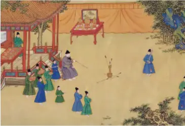  ??  ?? Emperor Xuande of the Ming Dynasty Indulges in Pleasures (part). The fifth ruler of the Ming Dynasty, Emperor Xuande enjoyed engaging in various competitio­ns in the palace and excelled at poetry, writing, painting and calligraph­y. The picture shows the arrow challenge, an ancient game in China. The man in the center holding an arrow is the emperor.