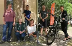  ?? FOTO: MICHAEL VOß ?? Birgit Fischer (rechts) von der Erfurter Bank übergibt Stefanie Schröter, Gerlinde Straka, Matthias Golle, Christin Brauer und Martin Schmidt (von links) von der Naturstift­ung David ein E-bike.