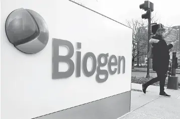  ?? — Reuters photo ?? A sign marks a Biogen facility in Cambridge, Massachuse­tts. Without potential future revenue from Alzheimer’s, Biogen has poor growth prospects as it faces patent issues over its big-selling multiple sclerosis drug Tecfidera and possible competitio­n to spinal muscular atrophy drug Spinraza, Wall Street analysts said.