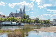 ?? FOTO: DPA ?? Regensburg: Wegen der anhaltende­n Trockenhei­t in Deutschlan­d können größere Schiffe auf etlichen Flusspassa­gen nur noch mit der Hälfte der Maximallad­ung fahren.