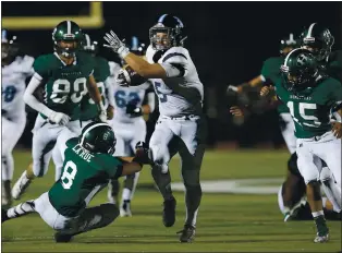  ?? PHOTO BY BILL GERTH ?? Branham High School football player Cameron Rynhard (5) makes a big gain at Homestead High School in Cupertino on Aug. 31, 2018.