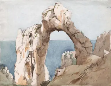  ??  ?? Jasper Francis Cropsey (1823-1900), Arched Rock, Capri, 1848. Watercolor and graphite on paper, 813/16 x 113/8 in. Museum of Fine Arts, Boston. Gift of Maxim Karolik for the M. and M. Karolik Collection of American Watercolor­s and Drawings, 1800-1875. 54.1627. Photograph © 2018 Museum of Fine Arts, Boston.