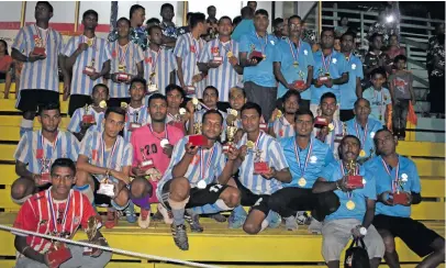  ??  ?? Lajonia Sanatan football players and officials after the official presentati­on at Subrail Park, Labasa on September 16, 2018.Photo: Shratika Naidu