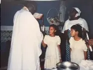  ??  ?? Nadia and Yasmeen (below far left) with their father (below left) and grandmothe­r (below).