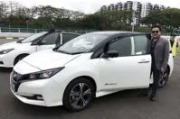  ??  ?? The author about to drive the new Nissan Leaf at the test track of the Nanyang Technical University in Singapore. Yes, this university has its own vehicle test track.