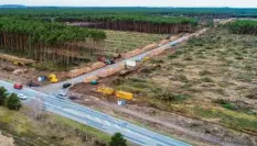  ?? Foto: Patrick Pleul, dpa ?? Blick auf das teilweise gerodete Waldgebiet für das Tesla-Werk bei Grünheide. Ab Sommer 2021 sollen zunächst 150000, später eine halbe Million Elektroaut­os im Jahr gebaut werden.