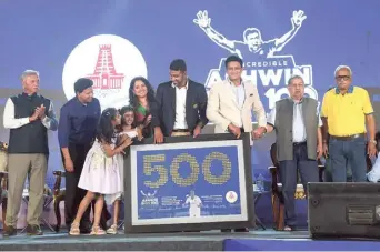  ?? M. VEDHAN ?? Fitting recognitio­n: Ashwin was felicitate­d by the TNCA on Saturday for playing 100 Tests and going past 500 wickets in the longest format.