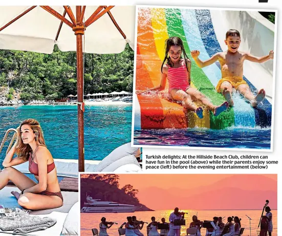  ??  ?? Turkish delights: At the Hillside Beach Club, children can have fun in the pool (above) while their parents enjoy some peace (left) before the evening entertainm­ent (below)