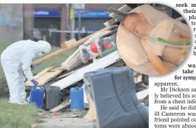  ??  ?? A forensic officer checks out chemicals dumped at Glenwood Street, north Belfast and (inset) nineyear-old Cameron Dickson in his hospital bed