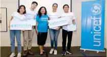  ?? ?? Creators #ForEveryCh­ild (from left) Anina Rubio, AJ Bacar, Cat Triviño and Buji Babiera together with Unicef Philippine­s Advocacy and Communicat­ions Chief Lely Djuhari (center)