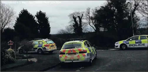  ??  ?? Police vehicles in St Mary’s Court, Barwell. Photo: John Diboll