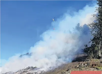  ?? PHOTOS: DANIEL BIRCHFIELD ?? Water drop . . . Helicopter­s carrying monsoon buckets fight a large fire in an area of harvested forestry at Papakaio yesterday afternoon. Right: Smoke billows from burning debris.