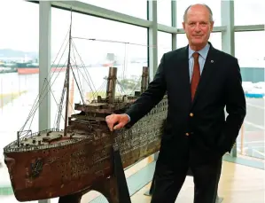  ??  ?? Above left: Dr Robert Ballard visits the Belfast exhibition yesterday during the launch of a project to acquire artefacts from the sunken ship. Top right: The starboard side of the Titanic’s bow. Above right: the Titanic Belfast museum. Above far...