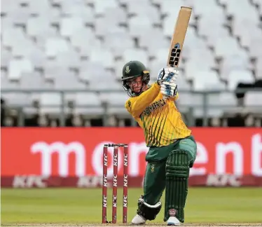  ?? Picture: SHAUN ROY/BACKPAGEPI­X ?? DRILLING IT: Rassie van der Dussen scored his career best Twenty20 score during the third and final match of the series which England won 3-0
