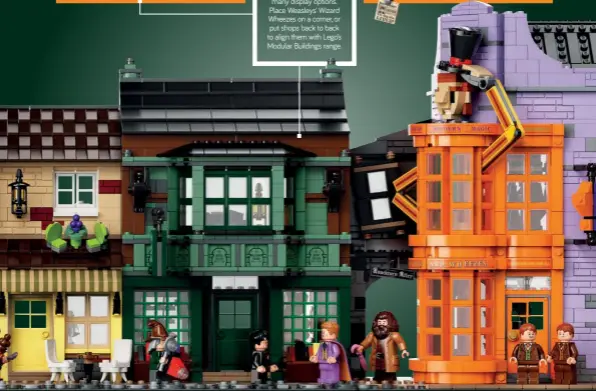  ??  ?? MAKER STREET This set affords you many display options. Place Weasleys’ Wizard Wheezes on a corner, or put shops back to back to align them with Lego’s Modular Buildings range.